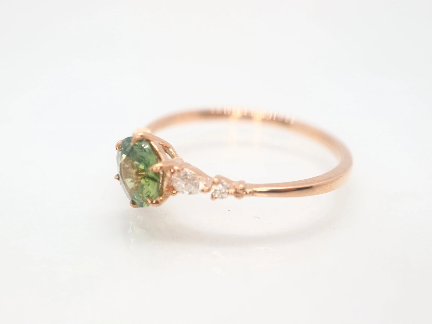 14 rose gold green sapphire and moissinate ring, bridesmaids ring, ring for women, gifts for her