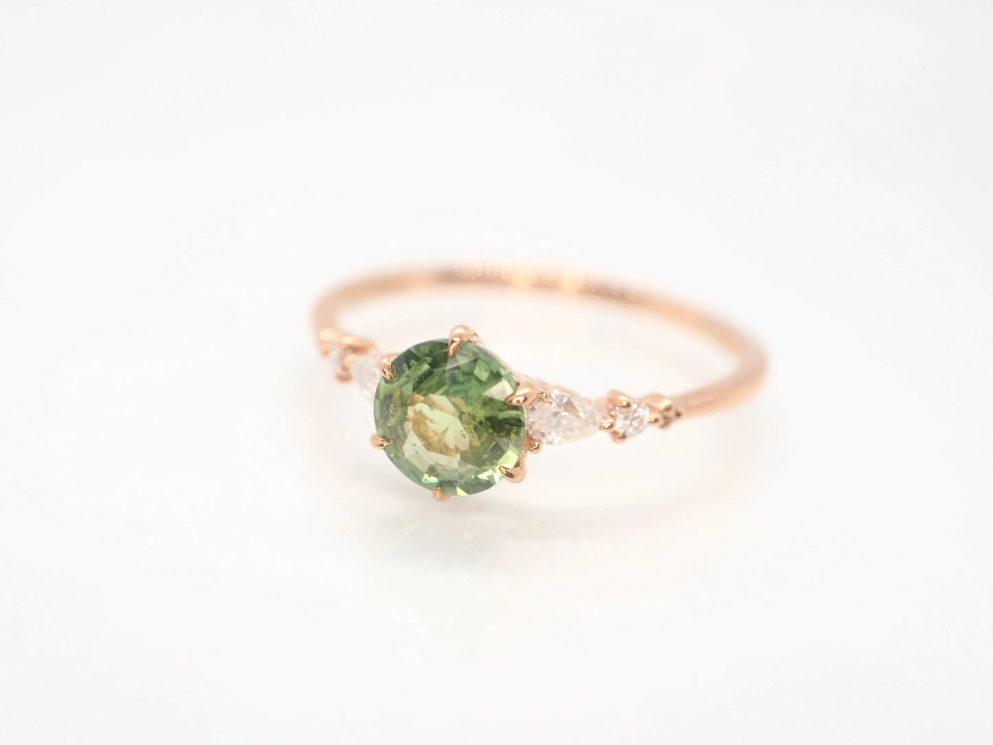 14 rose gold green sapphire and moissinate ring, bridesmaids ring, ring for women, gifts for her