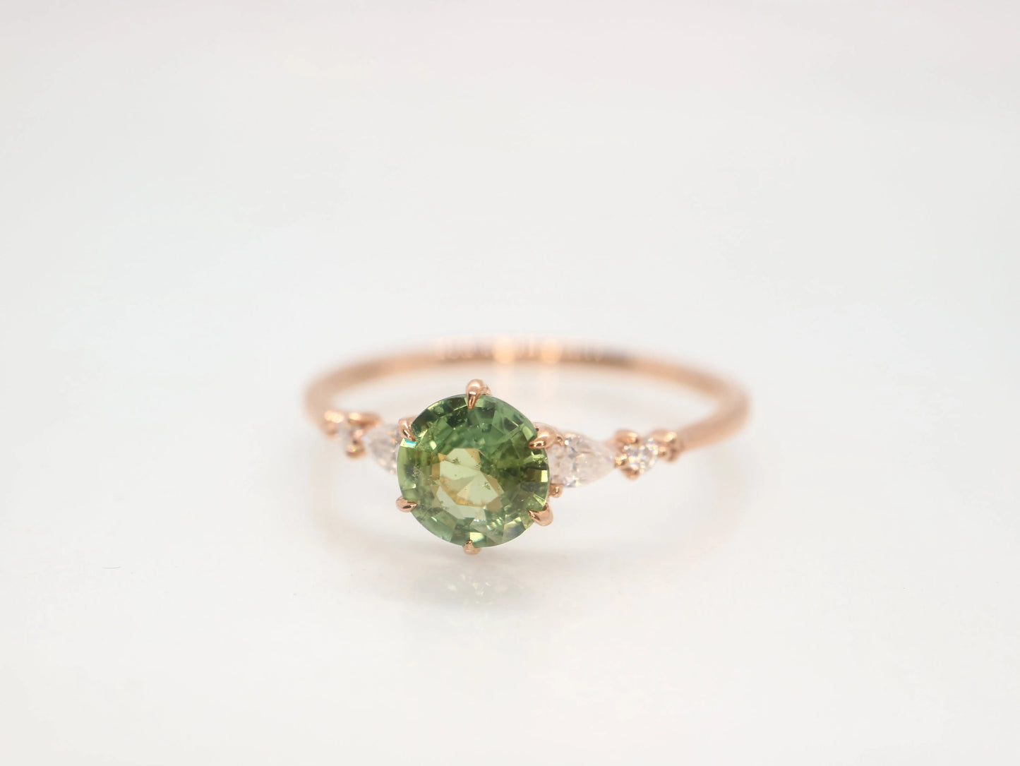 14 rose gold green sapphire and moissinate ring, bridesmaids ring, ring for women, gifts for her