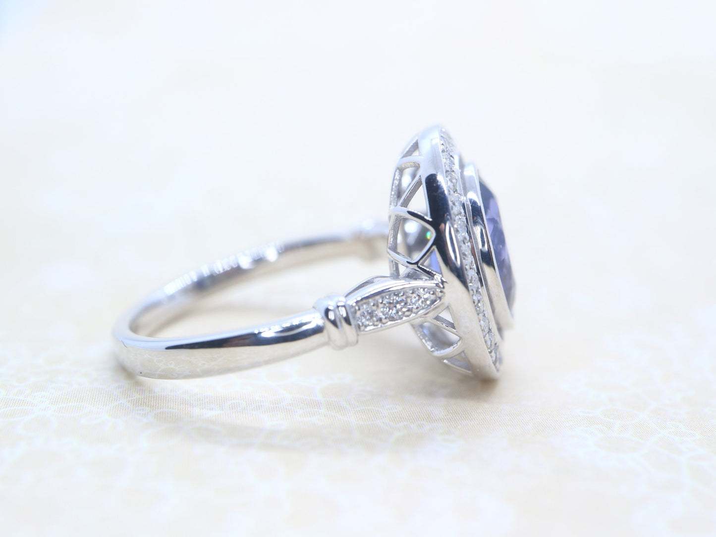 Tanzanite vintage halo ring in 18k white gold, Art deco style diamond ring with tanzanite