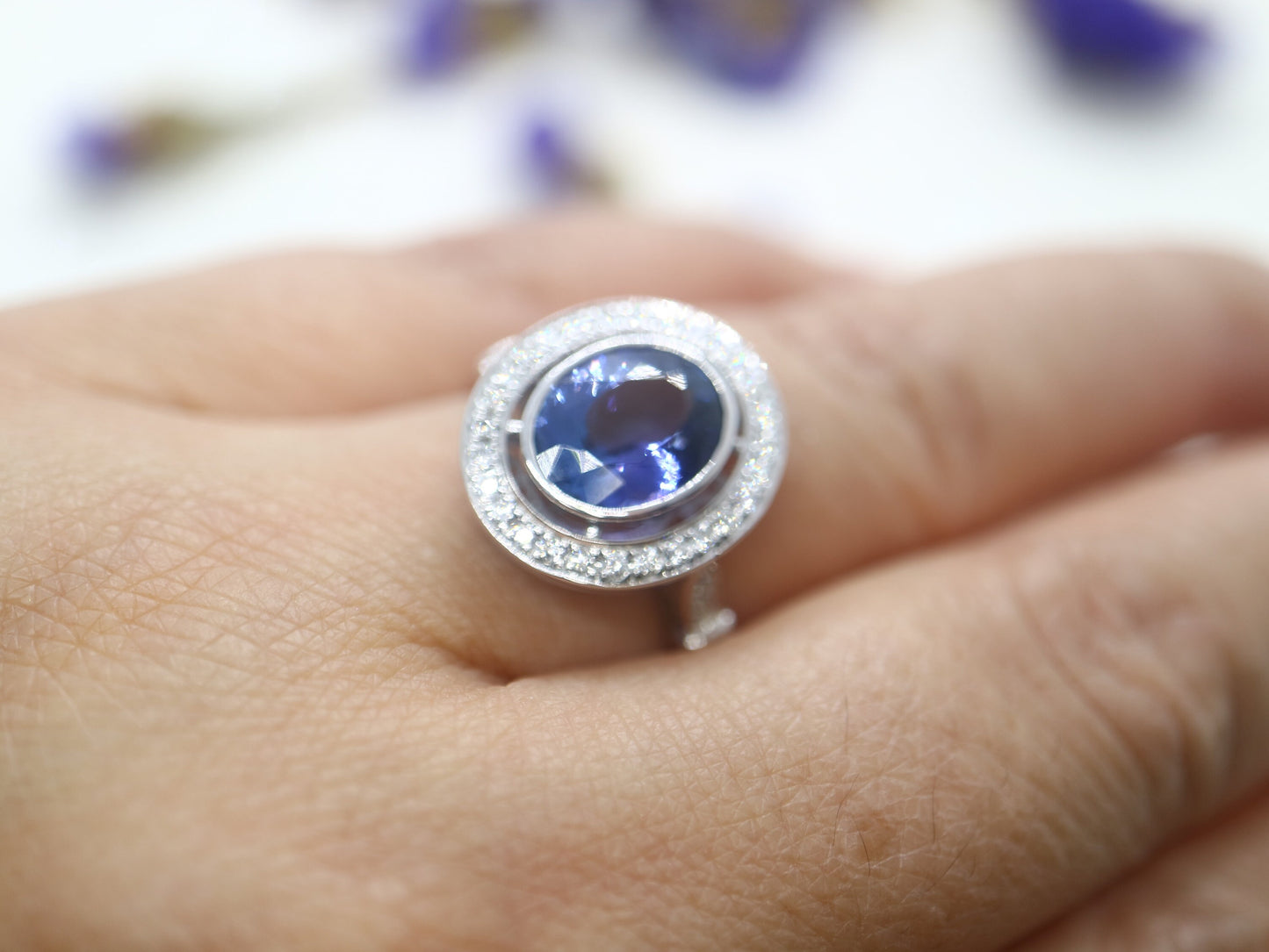 Tanzanite vintage halo ring in 18k white gold, Art deco style diamond ring with tanzanite