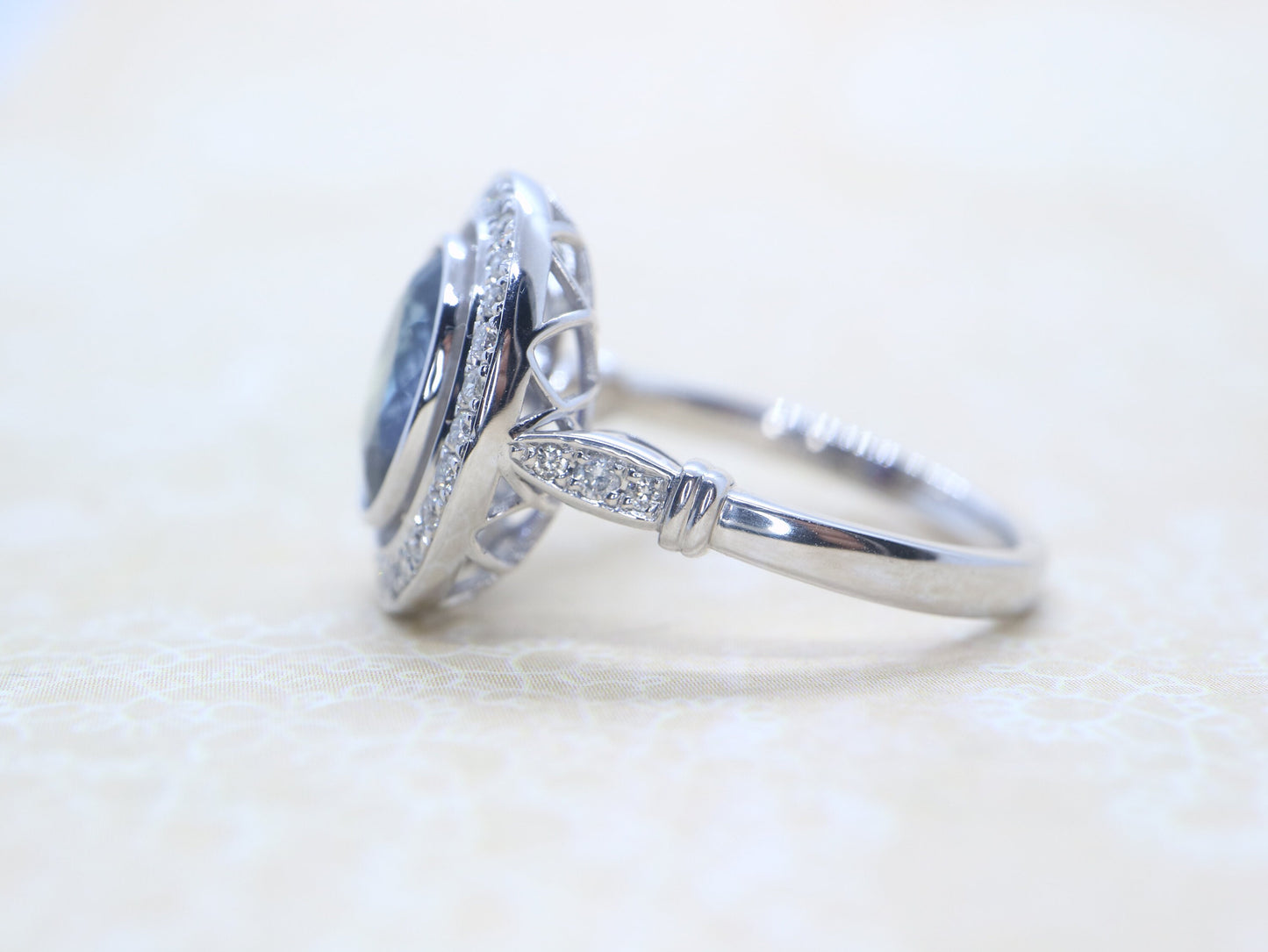 Tanzanite vintage halo ring in 18k white gold, Art deco style diamond ring with tanzanite