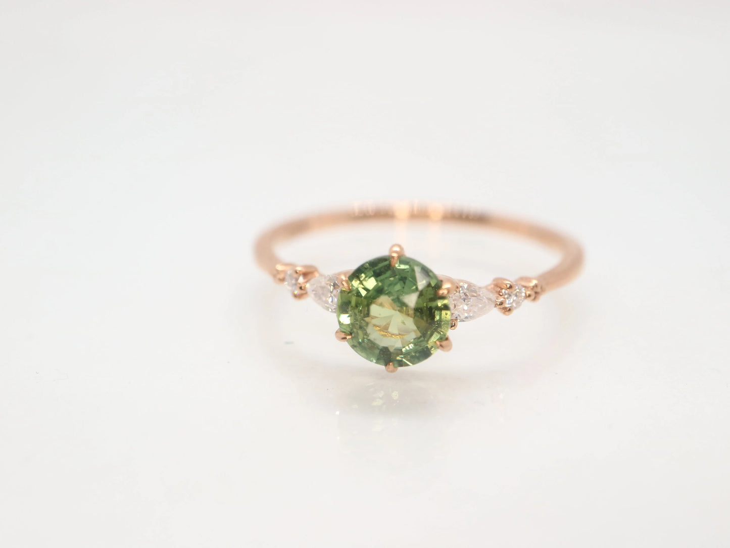 14 rose gold green sapphire and moissinate ring, bridesmaids ring, ring for women, gifts for her
