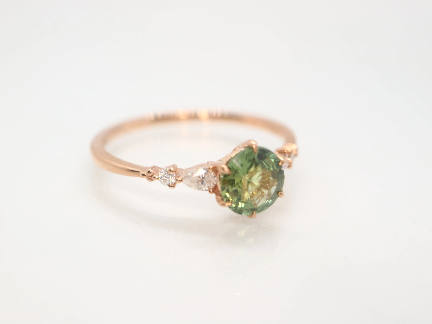 14 rose gold green sapphire and moissinate ring, bridesmaids ring, ring for women, gifts for her