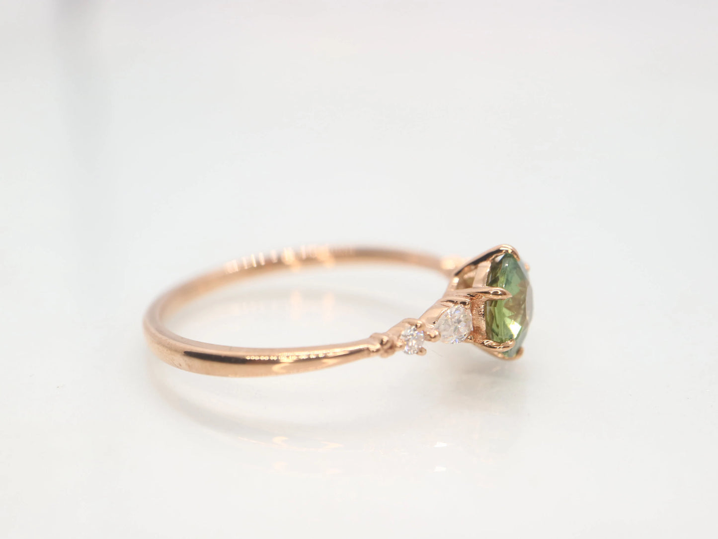 14 rose gold green sapphire and moissinate ring, bridesmaids ring, ring for women, gifts for her