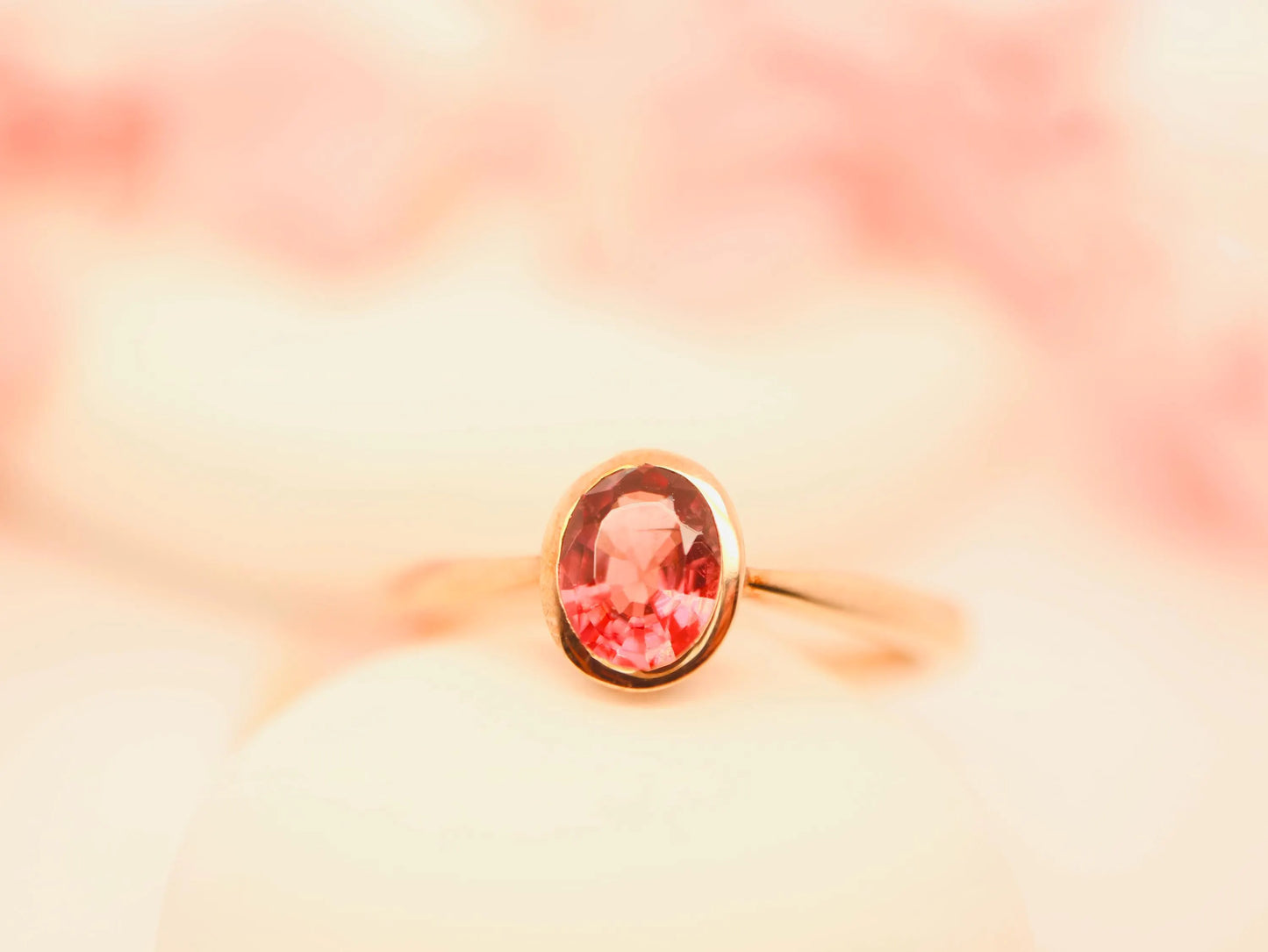 Natural oval tourmaline ring in bezel setting, Rose gold stacking ring in red gemstone