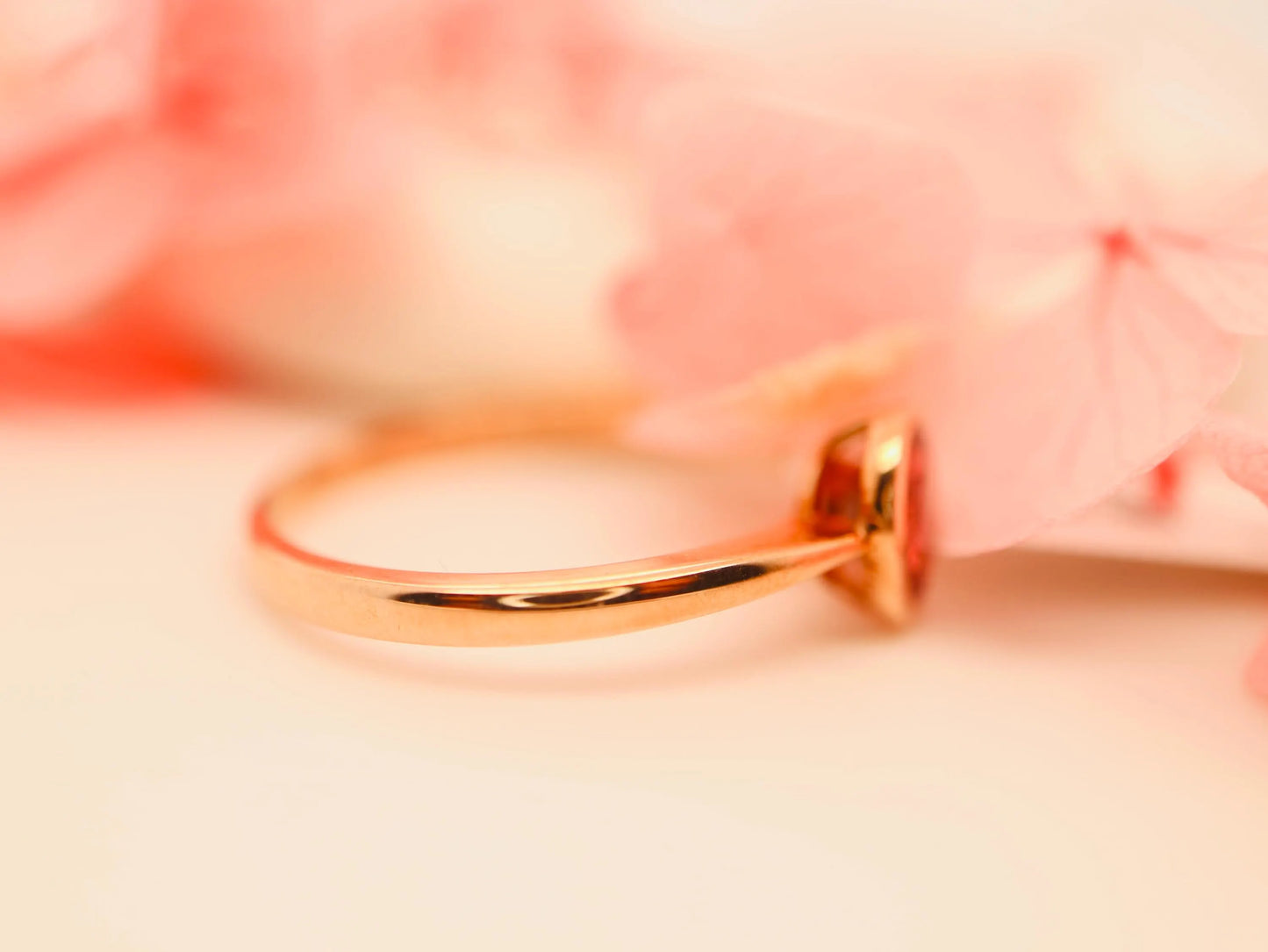 Natural oval tourmaline ring in bezel setting, Rose gold stacking ring in red gemstone