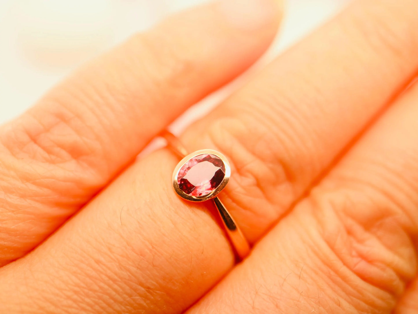 Natural oval tourmaline ring in bezel setting, Rose gold stacking ring in red gemstone