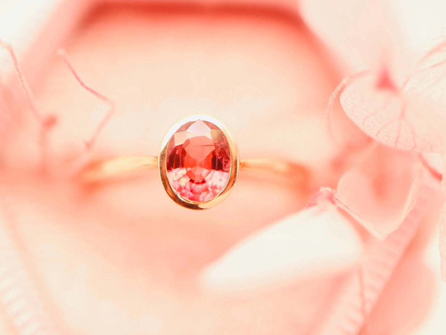 Natural oval tourmaline ring in bezel setting, Rose gold stacking ring in red gemstone