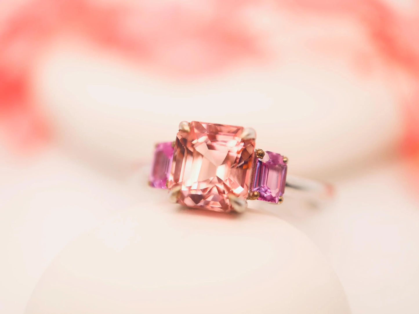9k white gold morganite and pink sapphire ring, Morganite and pink sapphire engagement ring