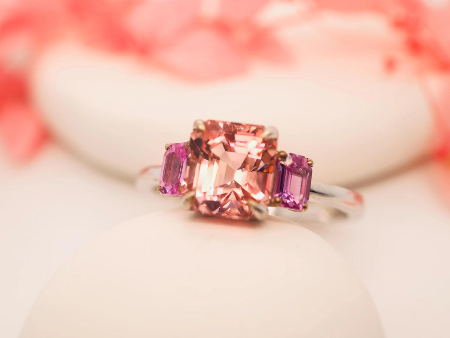 9k white gold morganite and pink sapphire ring, Morganite and pink sapphire engagement ring