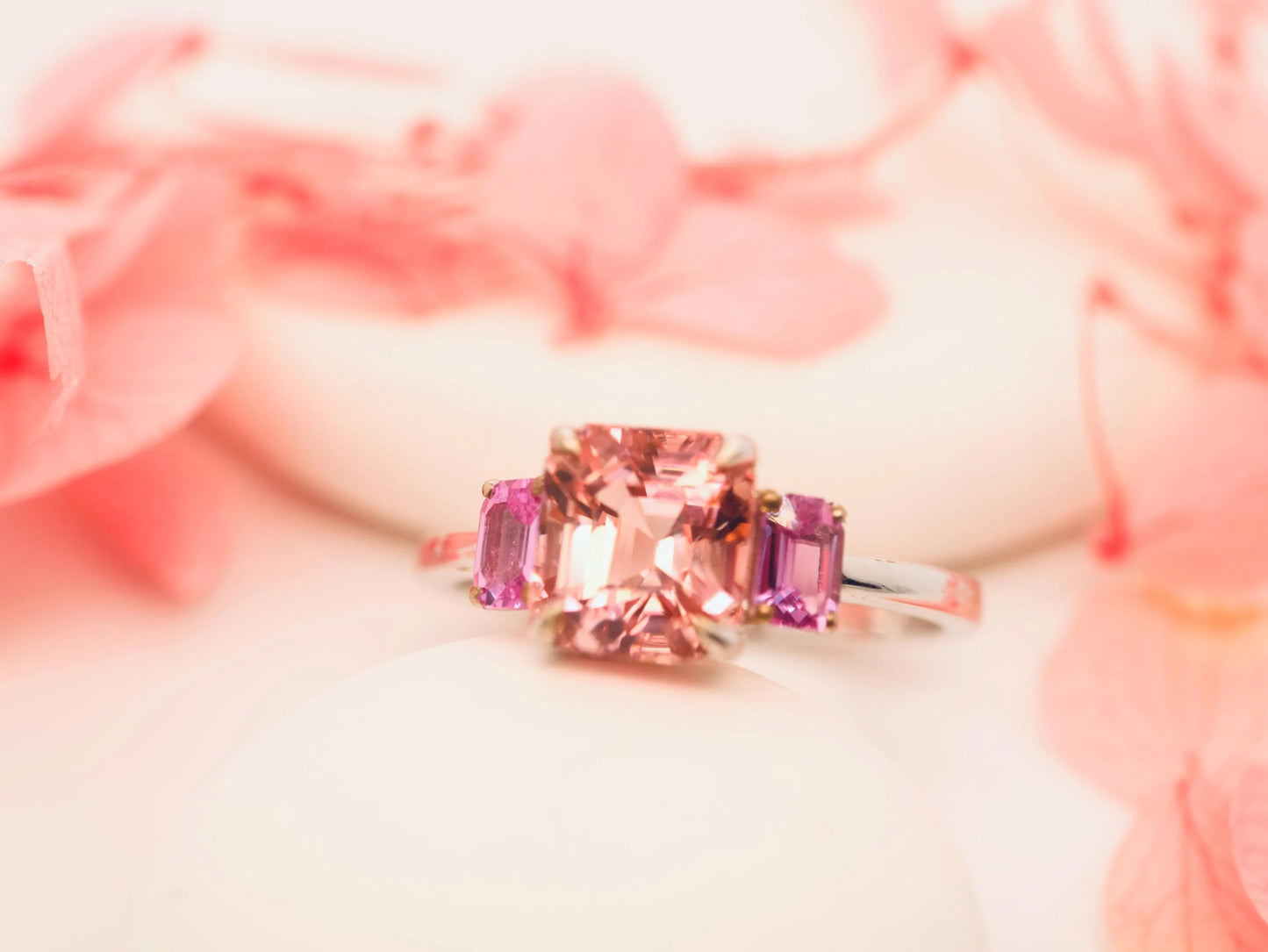 9k white gold morganite and pink sapphire ring, Morganite and pink sapphire engagement ring