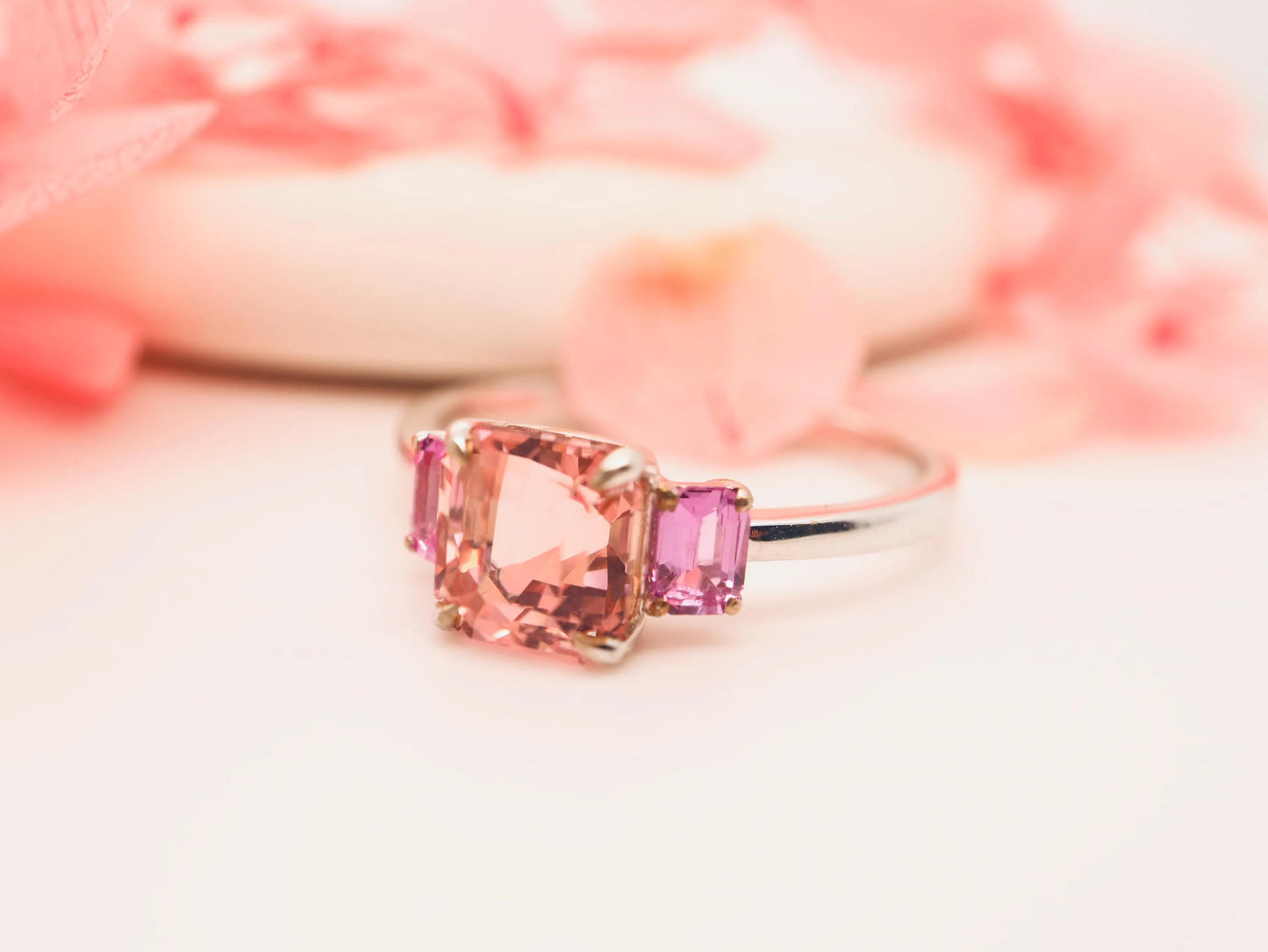 9k white gold morganite and pink sapphire ring, Morganite and pink sapphire engagement ring