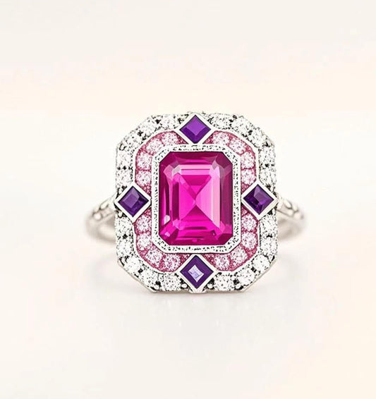 Custom order----9k  yellow gold topaz and tourmaline, Amethyst with lab grown diamond ring
