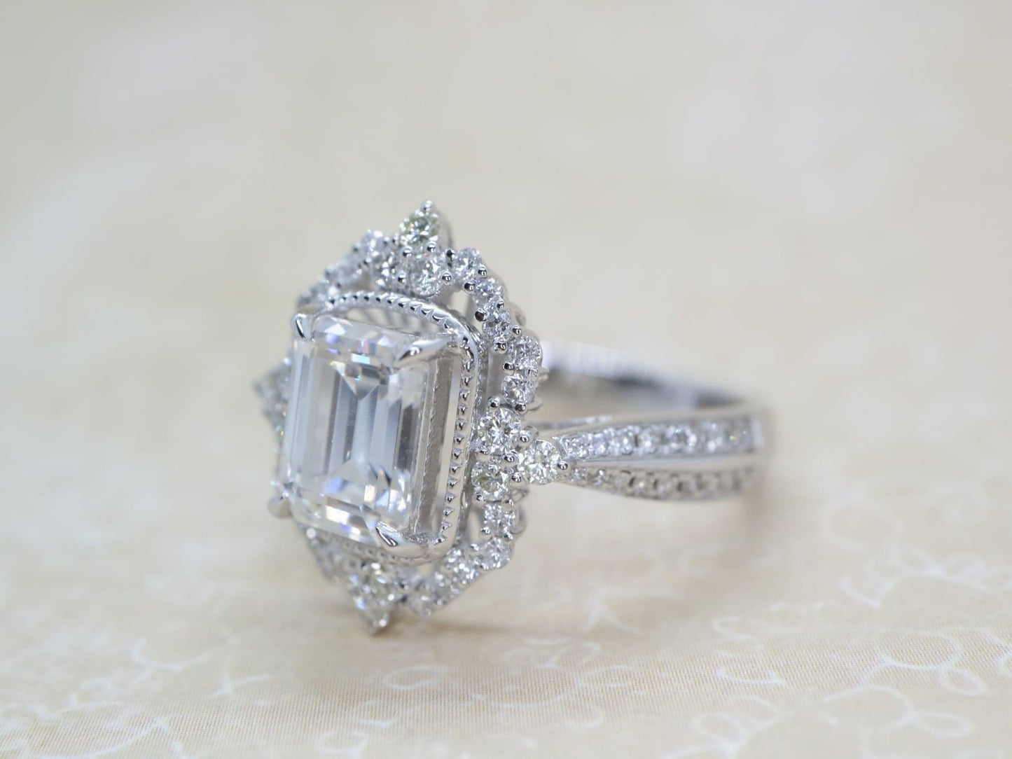 Emerald cut Moissanite ring, white gold vintage Cocktail ring, Art deco Bridal wedding, women anniversary gift for her