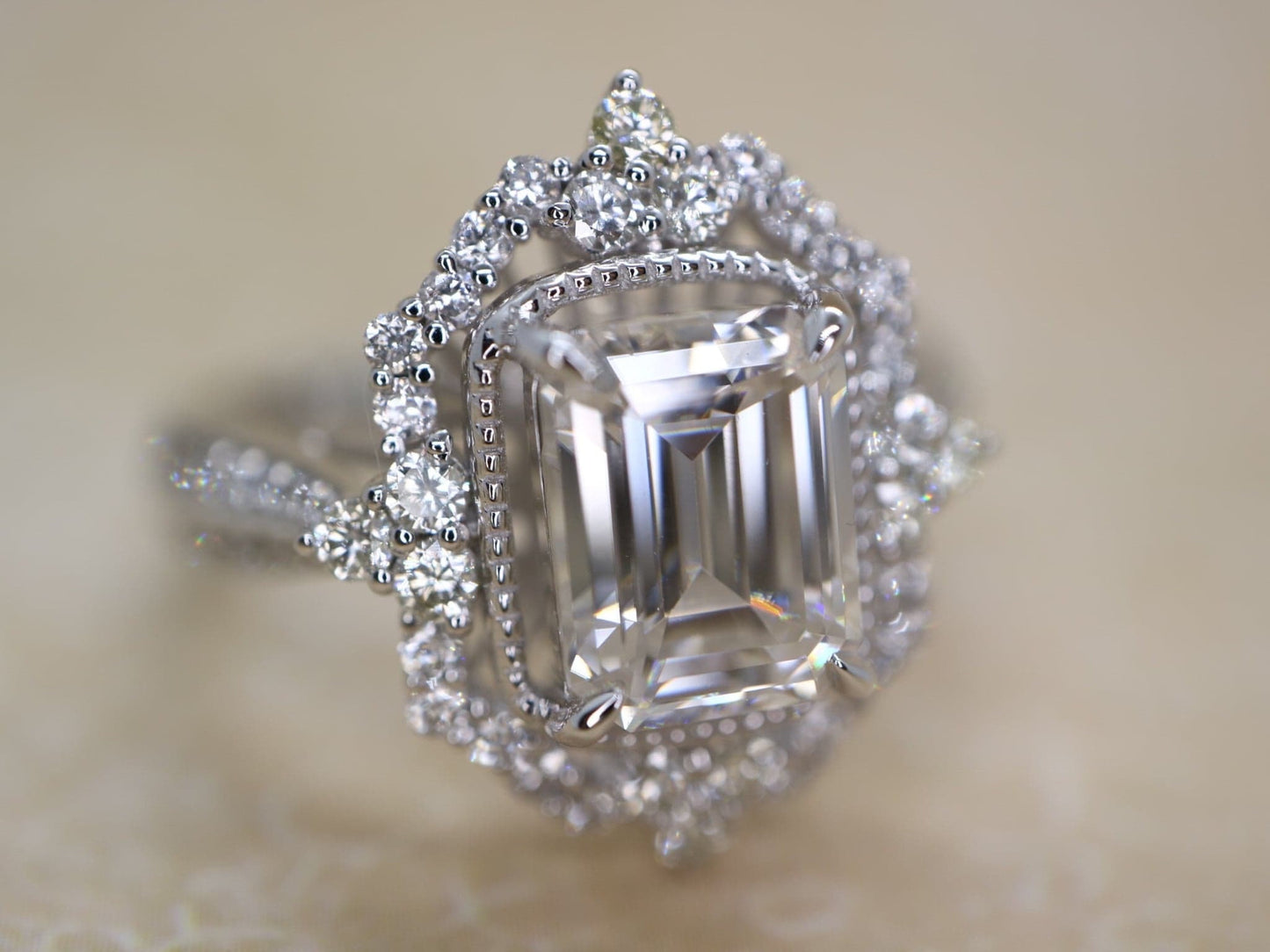 Emerald cut Moissanite ring, white gold vintage Cocktail ring, Art deco Bridal wedding, women anniversary gift for her
