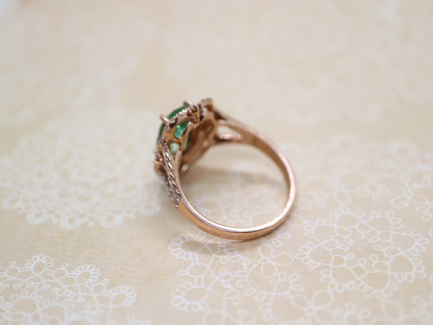 Art Deco Green Tourmaline and Diamond Engagement Ring in Rose Gold-Emerald cut