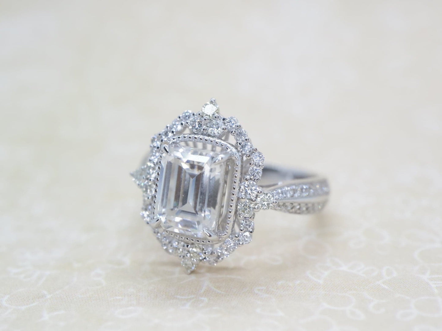 Emerald cut Moissanite ring, white gold vintage Cocktail ring, Art deco Bridal wedding, women anniversary gift for her