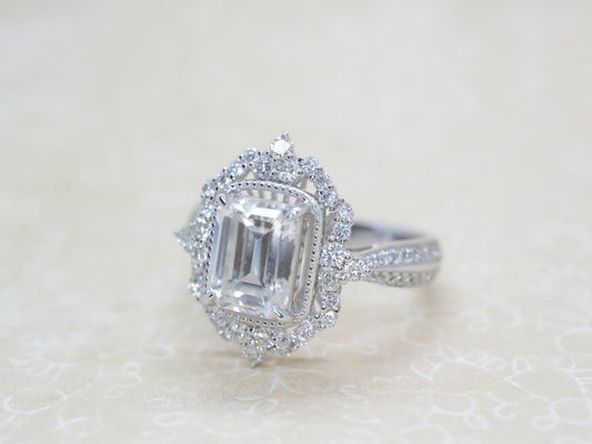 Emerald cut Moissanite ring, white gold vintage Cocktail ring, Art deco Bridal wedding, women anniversary gift for her