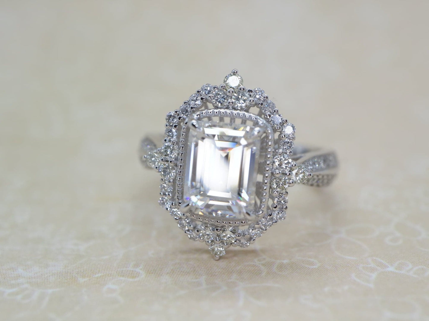 Emerald cut Moissanite ring, white gold vintage Cocktail ring, Art deco Bridal wedding, women anniversary gift for her