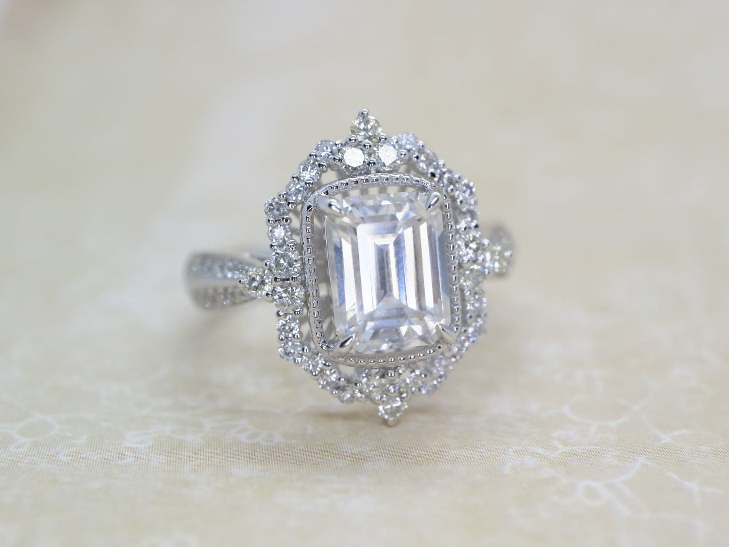 Emerald cut Moissanite ring, white gold vintage Cocktail ring, Art deco Bridal wedding, women anniversary gift for her