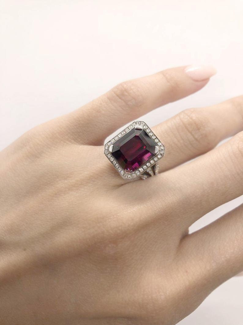 White gold and diamond cocktail ring with emerald cut raspberry African Rhodolite Garnet in cathedral setting, Emerald cut Art Deco ring