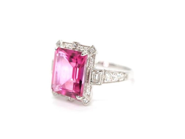 Art Deco vintage pink topaz diamond ring in white gold - art deco emerald cut ring, White gold engagement ring, White gold wedding ring,