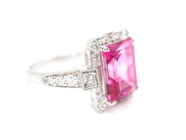 Art Deco vintage pink topaz diamond ring in white gold - art deco emerald cut ring, White gold engagement ring, White gold wedding ring,