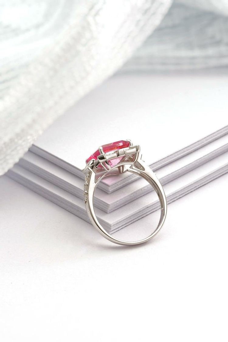 Art Deco vintage pink topaz diamond ring in white gold - art deco emerald cut ring, White gold engagement ring, White gold wedding ring,