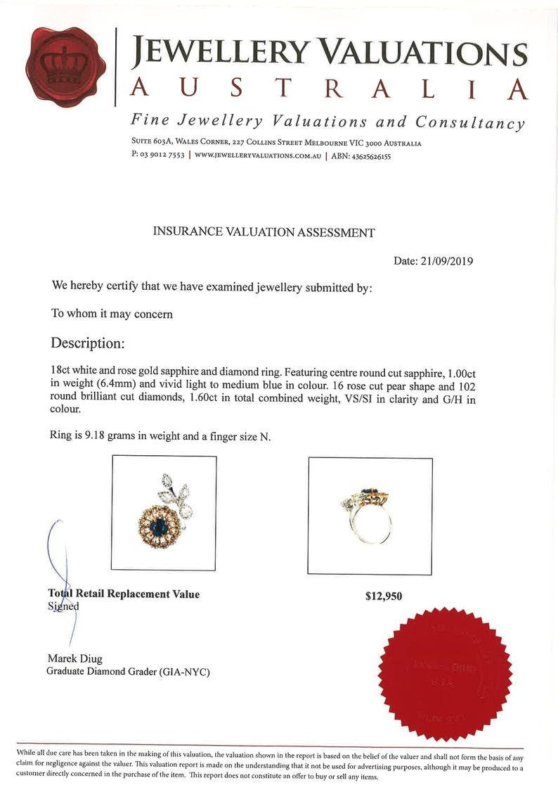 Diamond and sapphire flower ring with diamond leaf and blue sapphire solitaire centre, Rose gold flower ring with rose cut diamonds