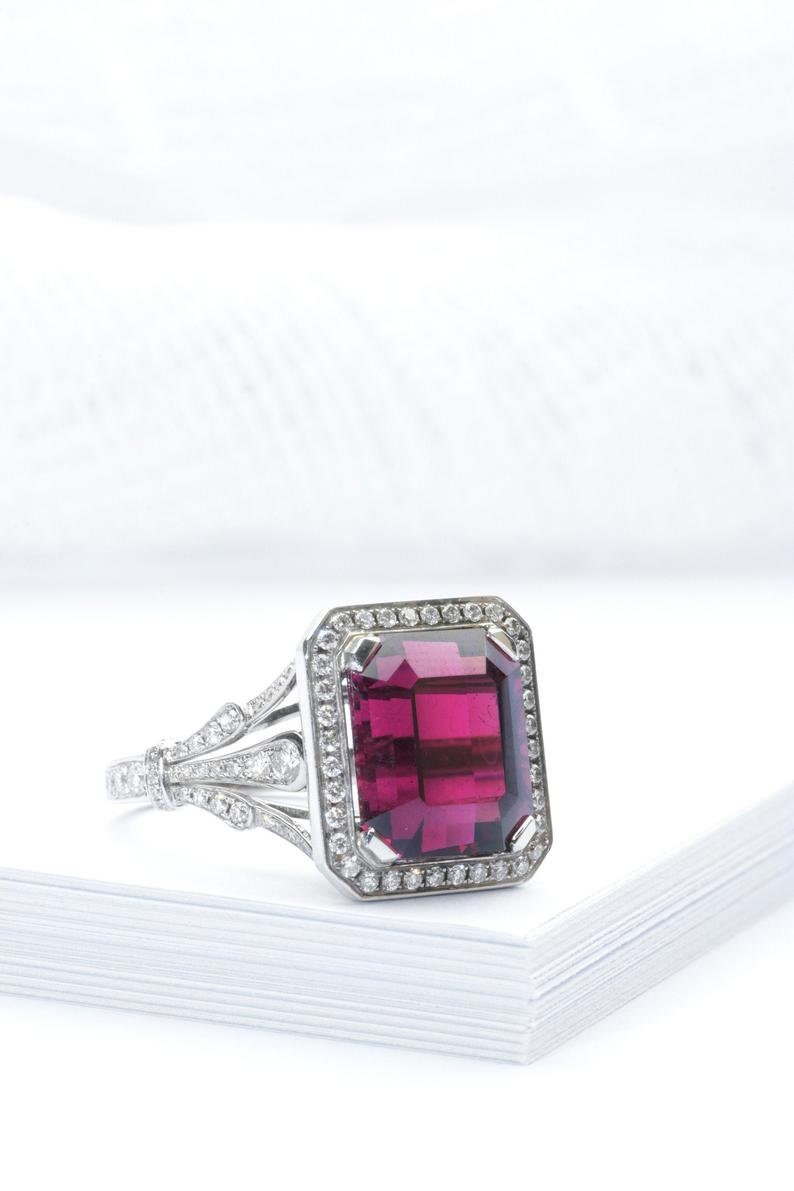 White gold and diamond cocktail ring with emerald cut raspberry African Rhodolite Garnet in cathedral setting, Emerald cut Art Deco ring