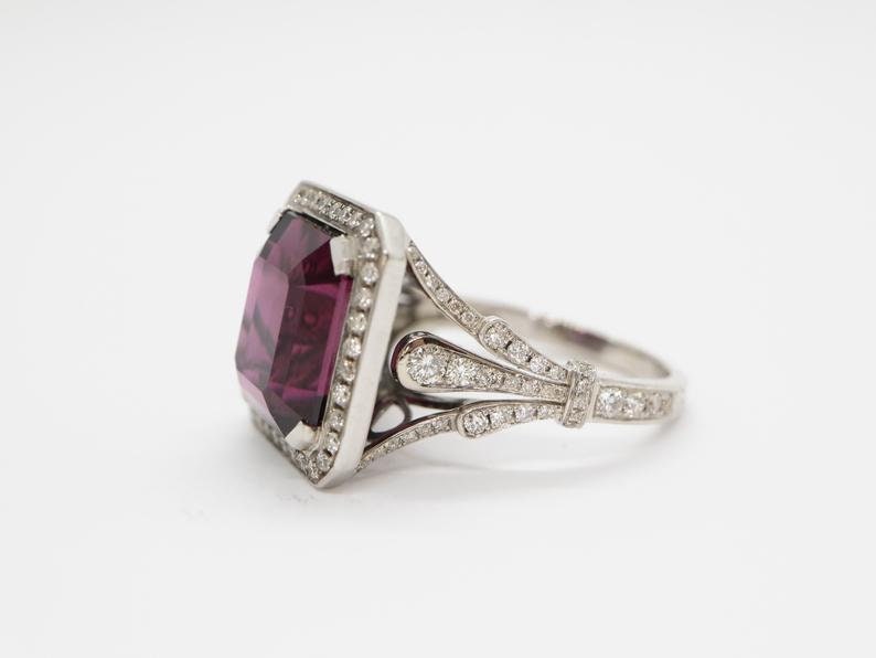 White gold and diamond cocktail ring with emerald cut raspberry African Rhodolite Garnet in cathedral setting, Emerald cut Art Deco ring