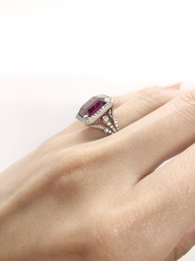 White gold and diamond cocktail ring with emerald cut raspberry African Rhodolite Garnet in cathedral setting, Emerald cut Art Deco ring
