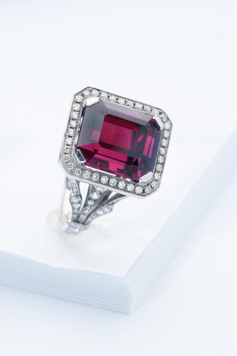 White gold and diamond cocktail ring with emerald cut raspberry African Rhodolite Garnet in cathedral setting, Emerald cut Art Deco ring