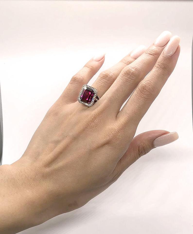 White gold and diamond cocktail ring with emerald cut raspberry African Rhodolite Garnet in cathedral setting, Emerald cut Art Deco ring