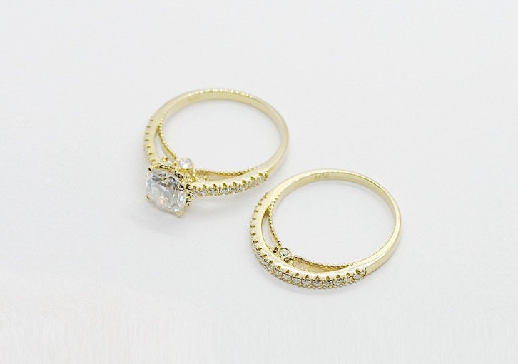 14k yellow gold moissanite and diamond ring set, Art Deco diamond ring setting, Gift for her