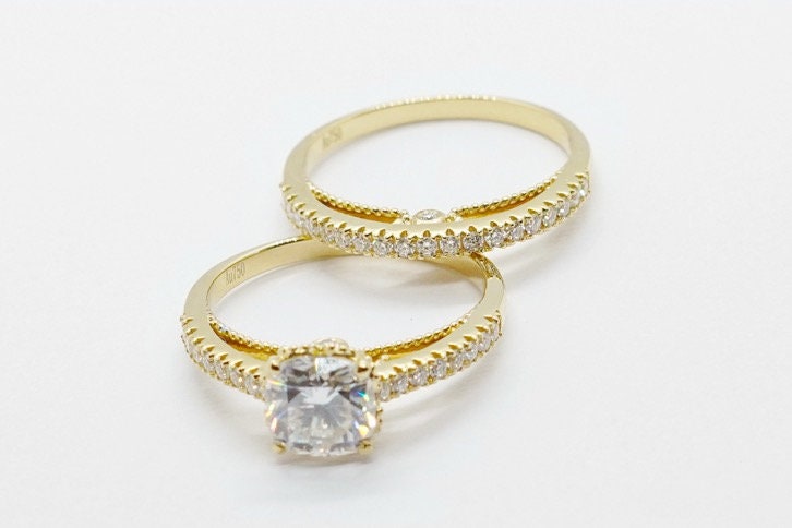 14k yellow gold moissanite and diamond ring set, Art Deco diamond ring setting, Gift for her