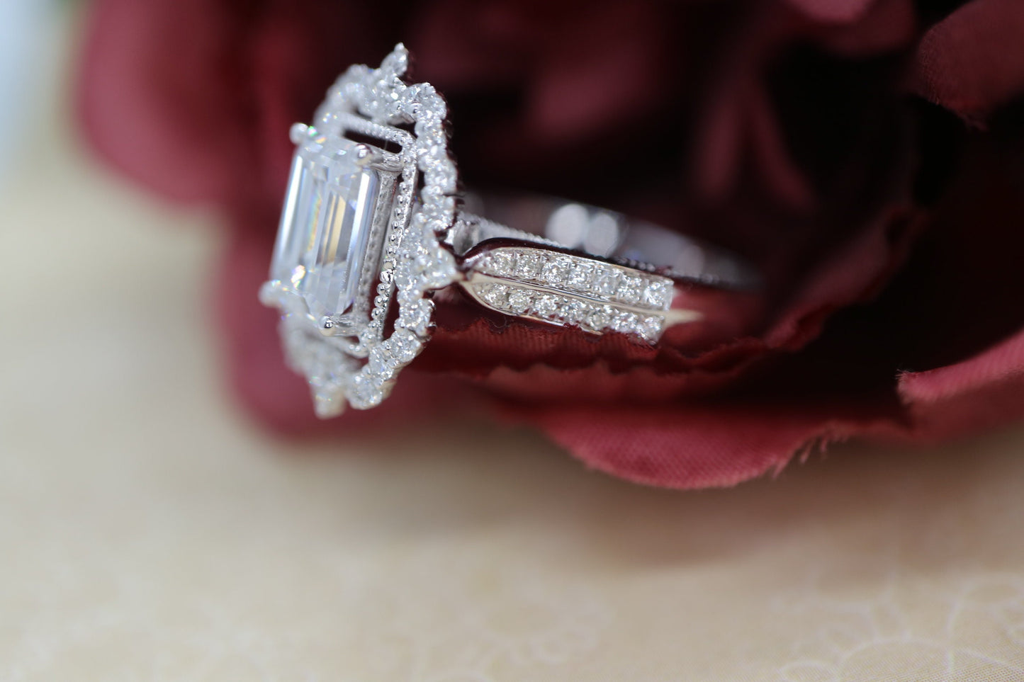 2CT Emerald cut moissanite engagement ring, 14k solid white gold halo vintage women engagement ring, with natural diamond wedding ring