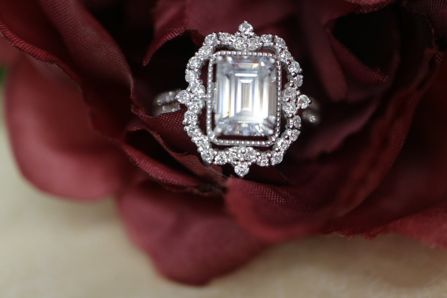 2CT Emerald cut moissanite engagement ring, 14k solid white gold halo vintage women engagement ring, with natural diamond wedding ring