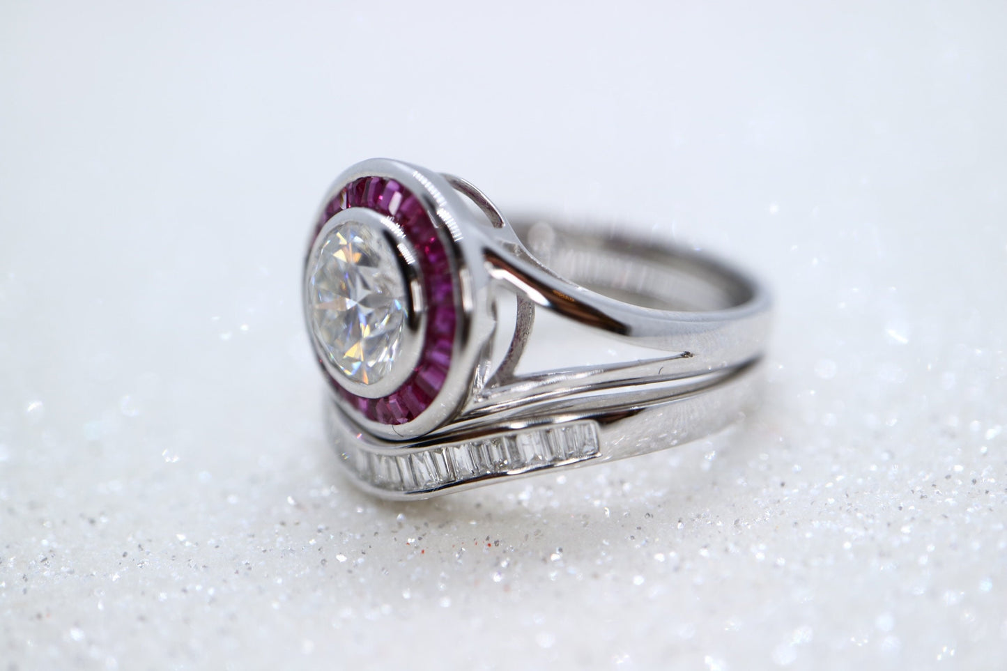14k white gold with halo natural ruby, 1.5ct Moissanite Engagement Ring, natural diamond wedding band