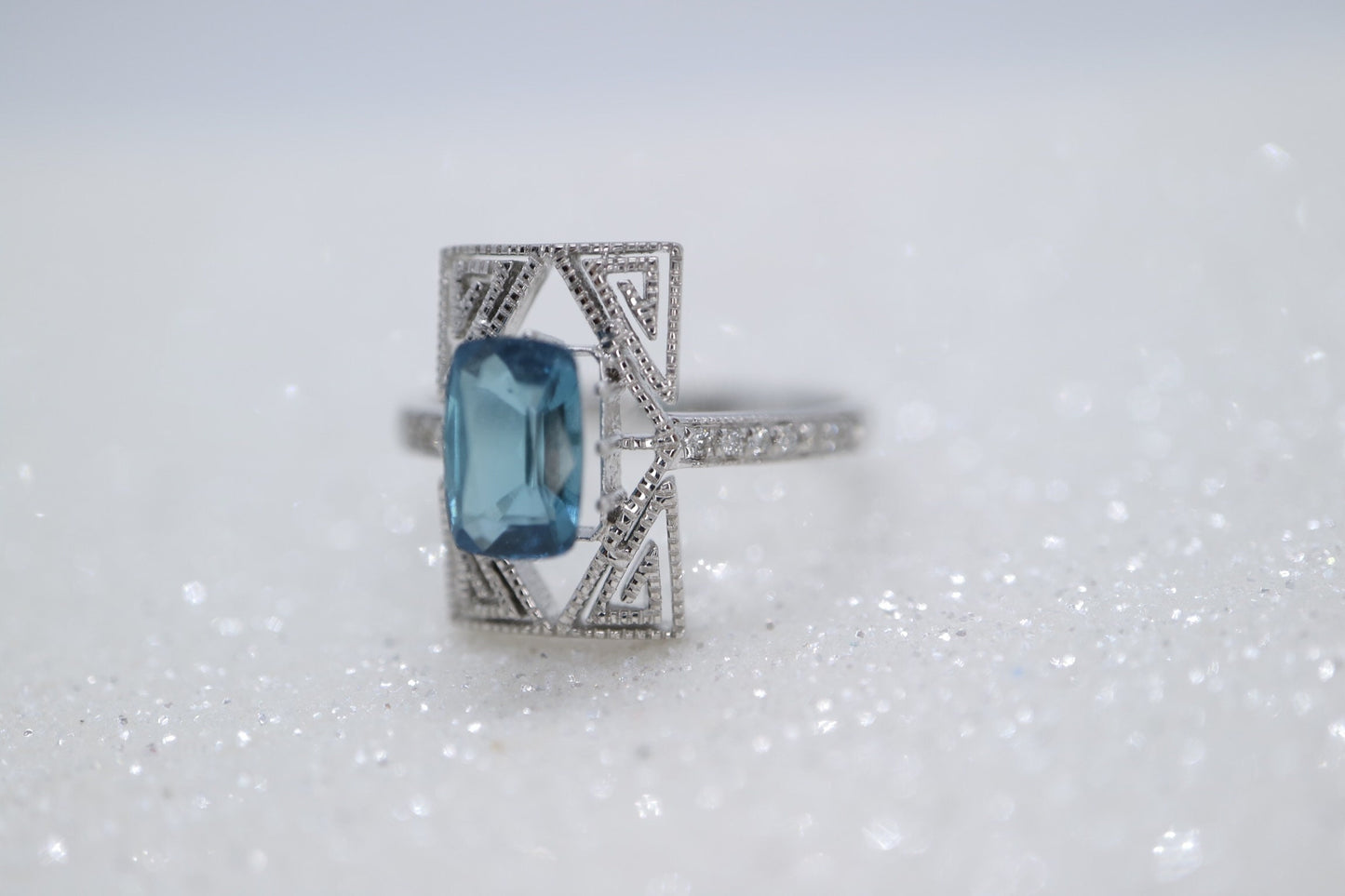 Art Deco blue tourmaline  and diamond ring in white gold setting, Tourmaline engagement ring, Emerald cut Toumaline wedding ring
