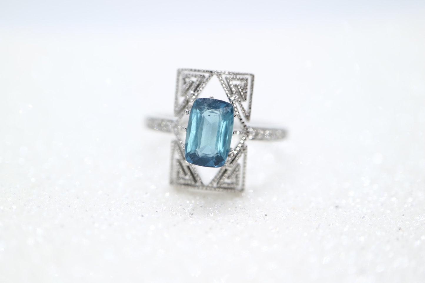 Art Deco blue tourmaline and diamond ring in white gold setting, Tourmaline engagement ring, Emerald cut Toumaline wedding ring