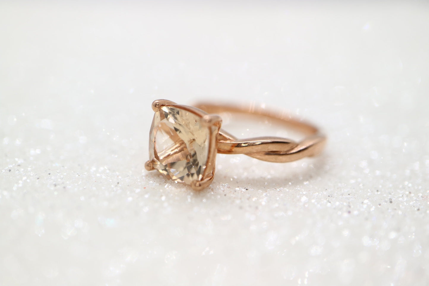 Morganite twist solid rose  ring, champagne  morganite  ring, Prong Setting ring gold, wedding ring, Promise Anniversary antique