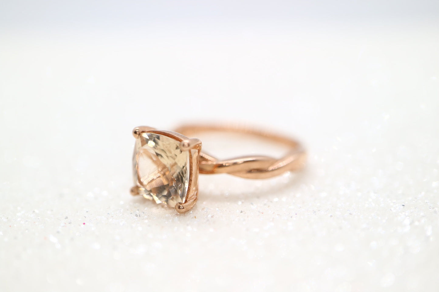 Morganite twist solid rose  ring, champagne  morganite  ring, Prong Setting ring gold, wedding ring, Promise Anniversary antique