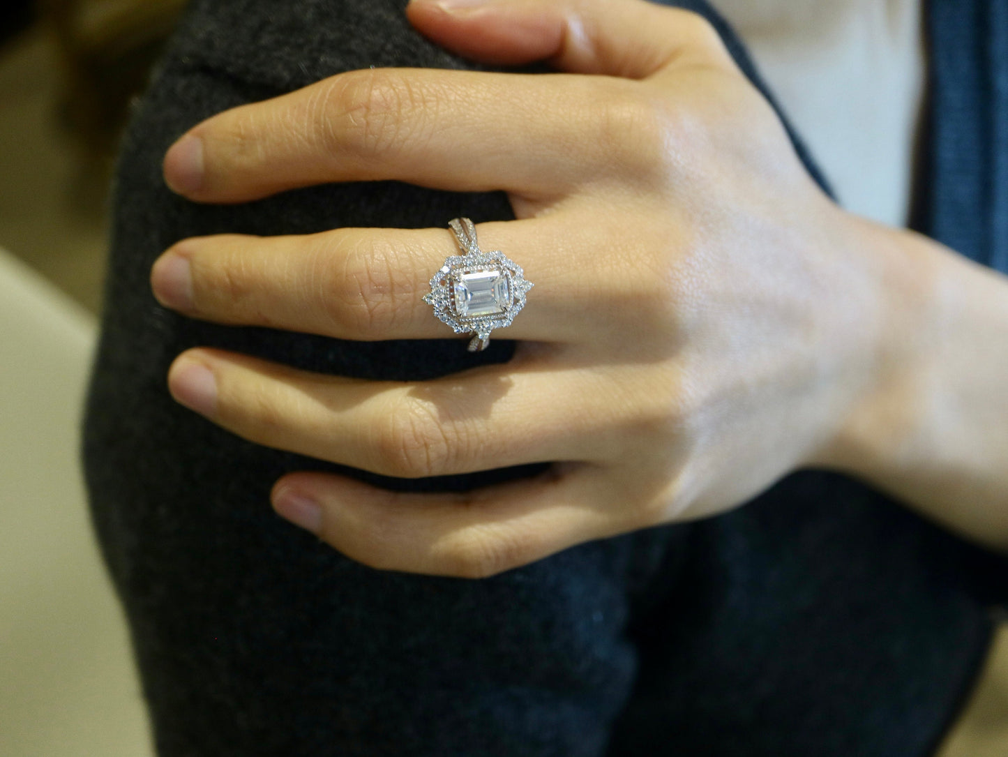 2ct Emerald cut moissanite engagement ring in 14 solid white gold-Art Deco cocktail ring, Diamond halo ring, Anniversary gifts