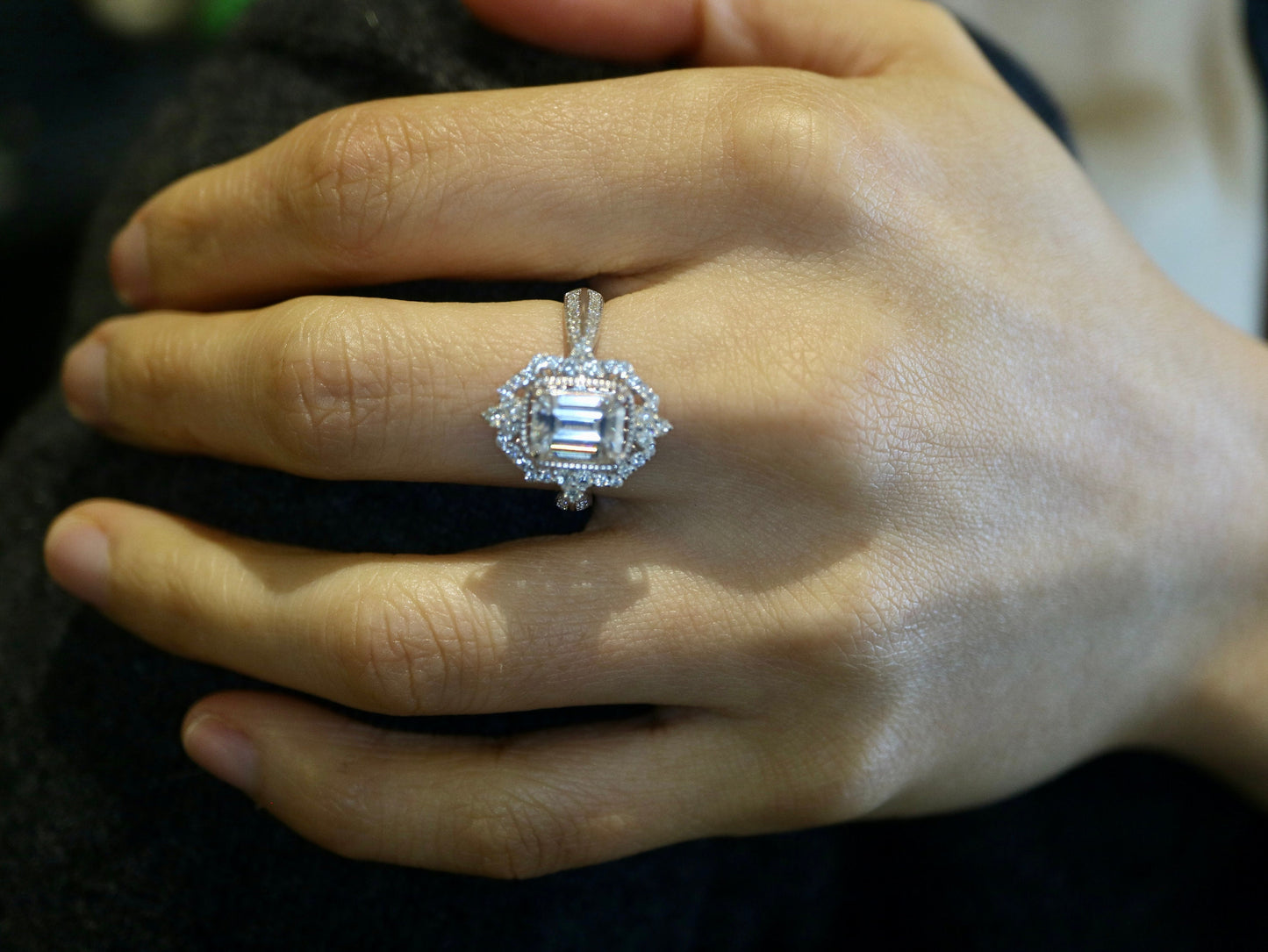 2ct Emerald cut moissanite engagement ring in 14 solid white gold-Art Deco cocktail ring, Diamond halo ring, Anniversary gifts