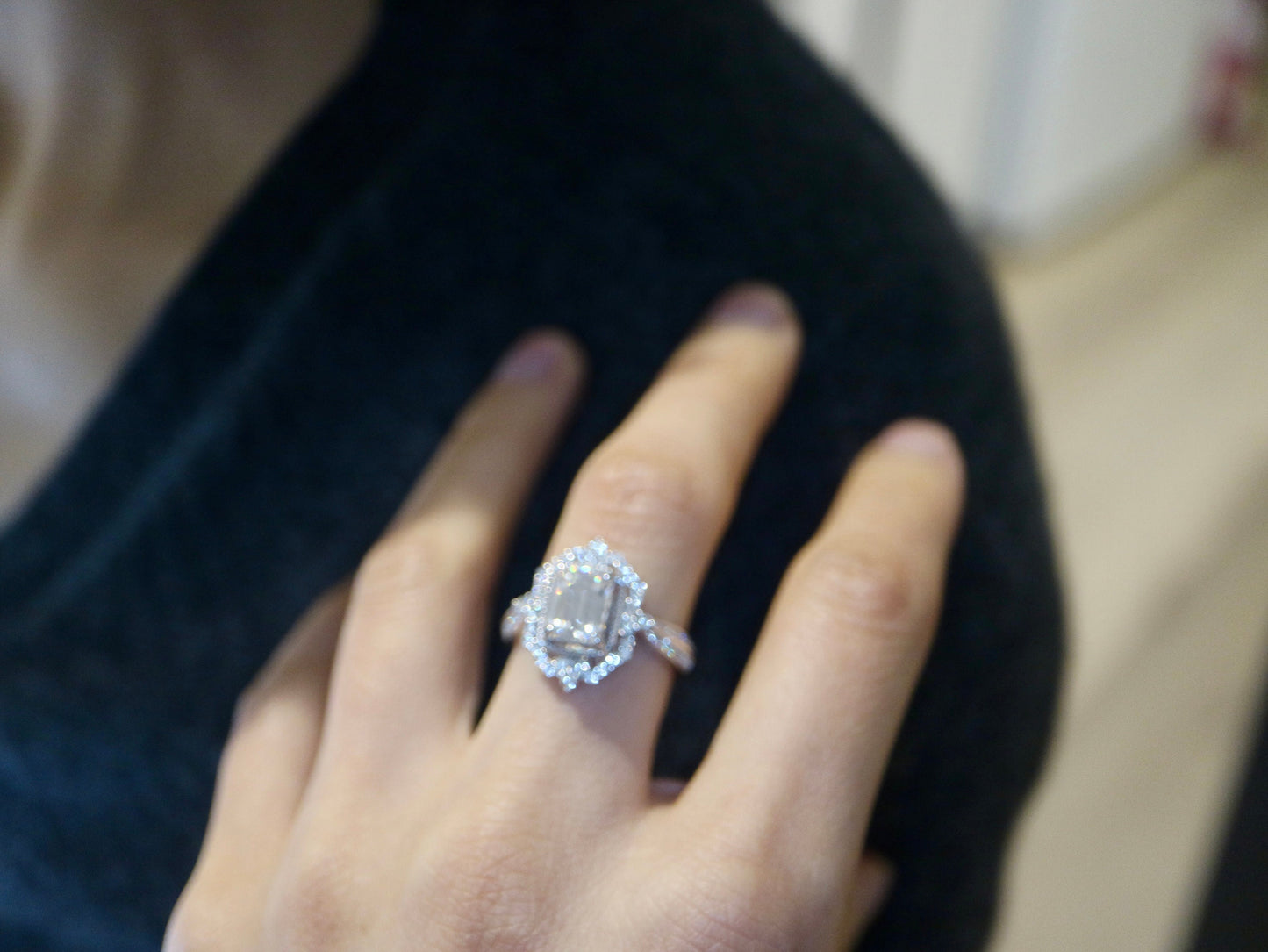 2ct Emerald cut moissanite engagement ring in 14 solid white gold-Art Deco cocktail ring, Diamond halo ring, Anniversary gifts