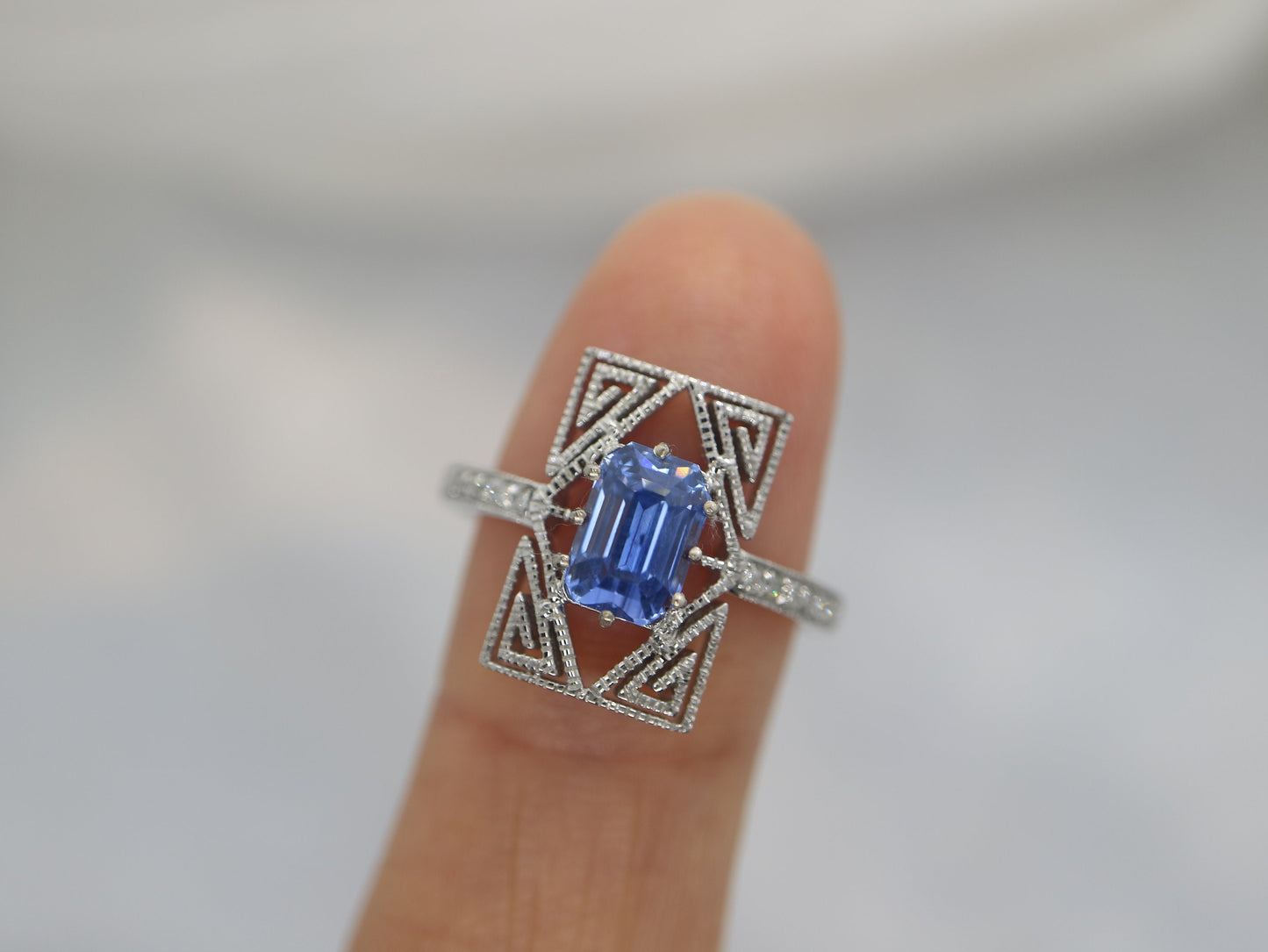 Art Deco 18k sapphire ring, in white gold setting, Natural blue Sapphire  engagement ring, Radiant cut natural blue sapphire  wedding ring