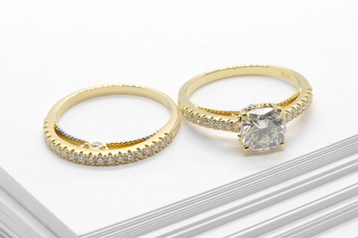 14k yellow gold moissanite and diamond ring set, Art Deco diamond ring setting, Gift for her