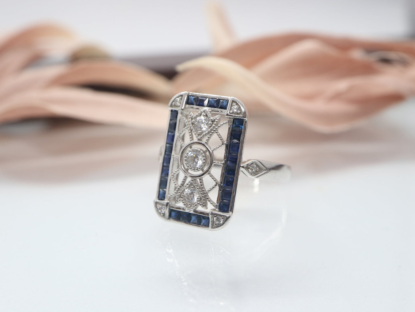 Blue sapphire  sterling silver ring, Art deco engagement ring, Vintage sapphire engagement ring, vintage wedding ring, sapphire ring